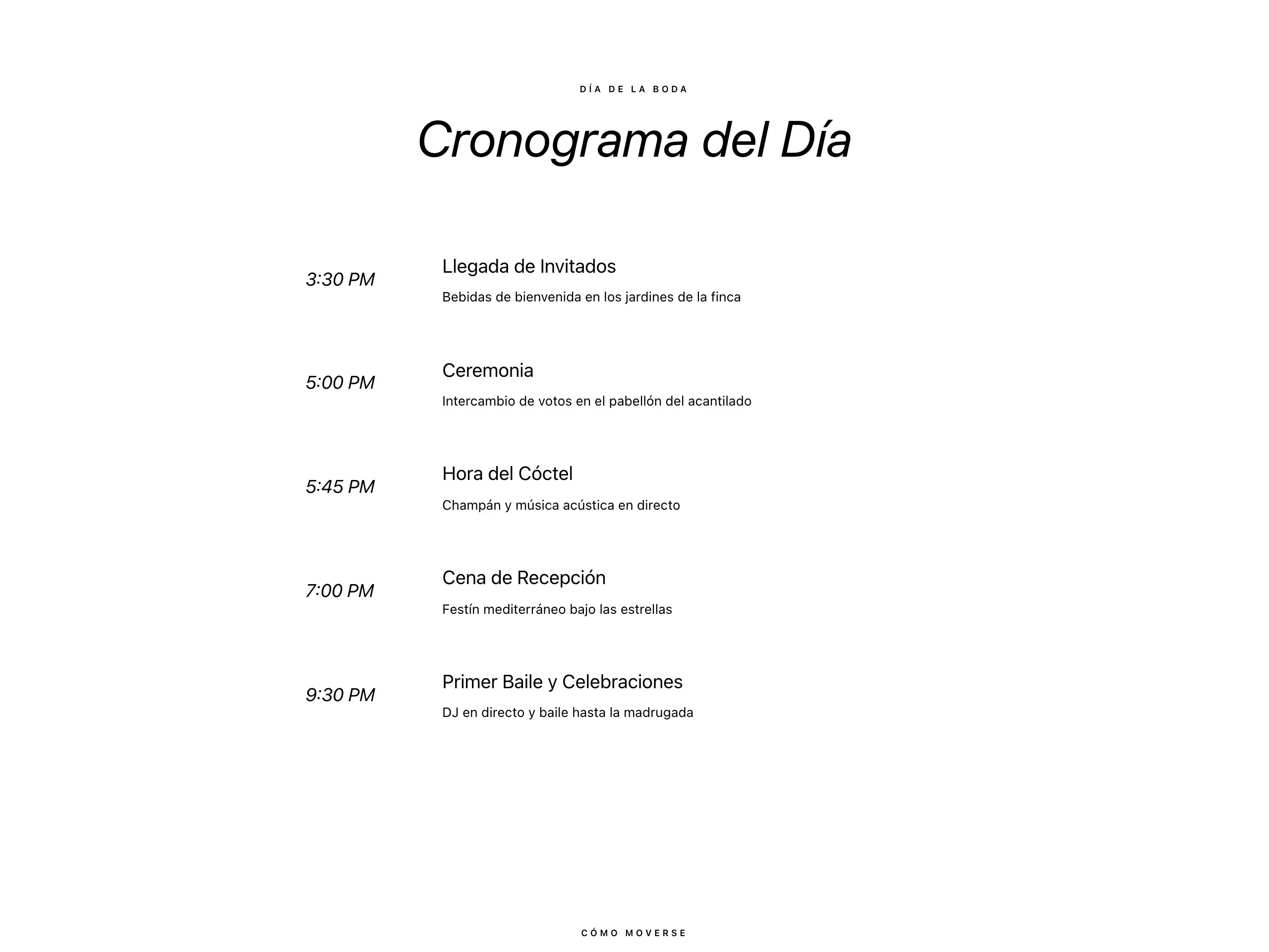 Ejemplo de agenda del día en una web de boda: cronograma con llegada de invitados, ceremonia, cóctel, cena y primer baile con sus horas