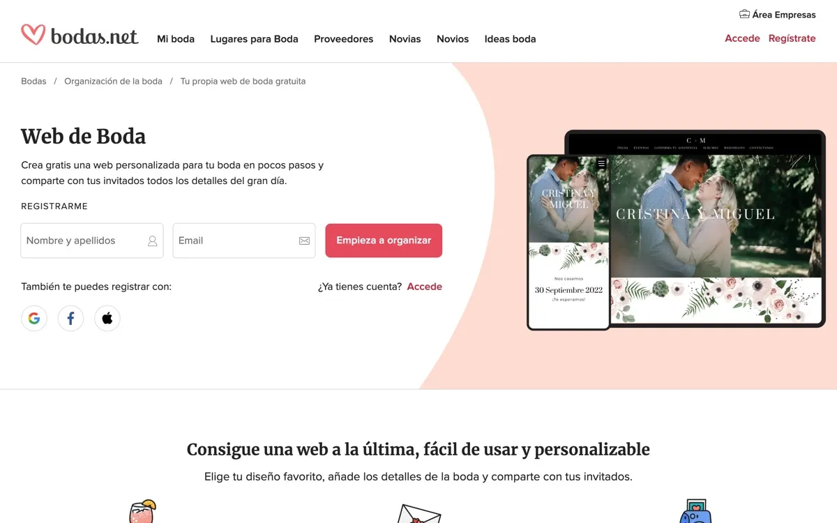 Página de Web de Boda de Bodas.net, con el formulario de registro y una web de ejemplo de Cristina y Miguel en móvil y ordenador
