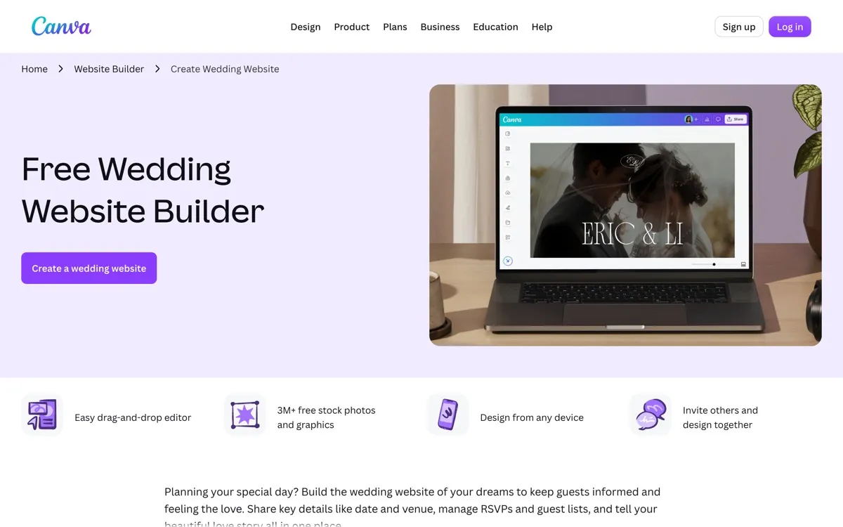 Página del creador de webs de boda de Canva (en inglés), con el titular «Free Wedding Website Builder» y un portátil mostrando el editor con una web de ejemplo