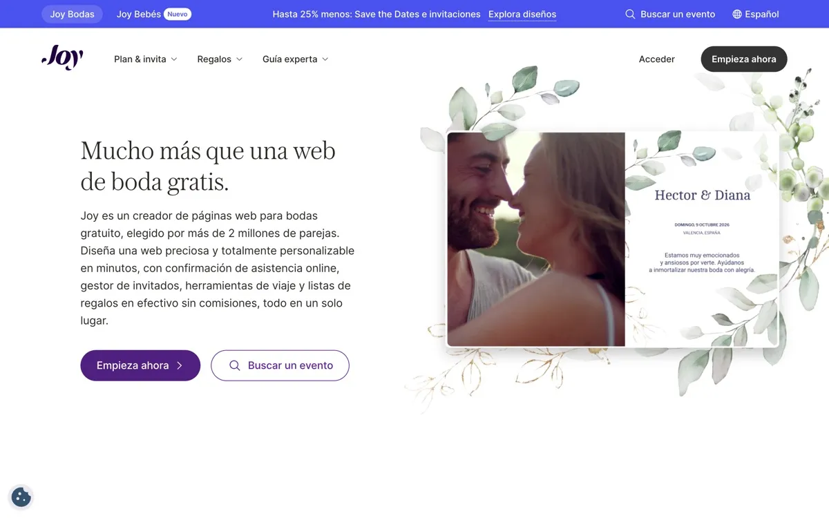 Landing de Joy (withjoy.com) en español, con el titular «Mucho más que una web de boda gratis», la foto de una pareja y una web de boda de ejemplo