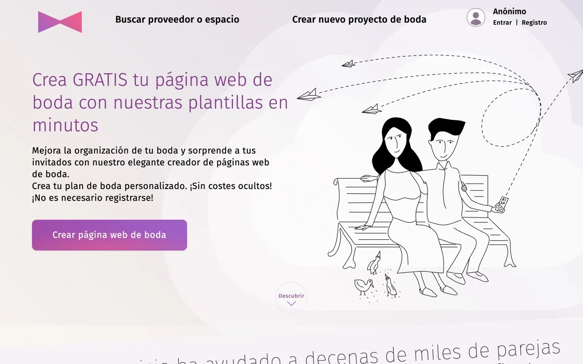 Página del creador de webs de boda de Planning.wedding en español, con el titular «Crea GRATIS tu página web de boda con nuestras plantillas en minutos» y una ilustración de una pareja en un banco