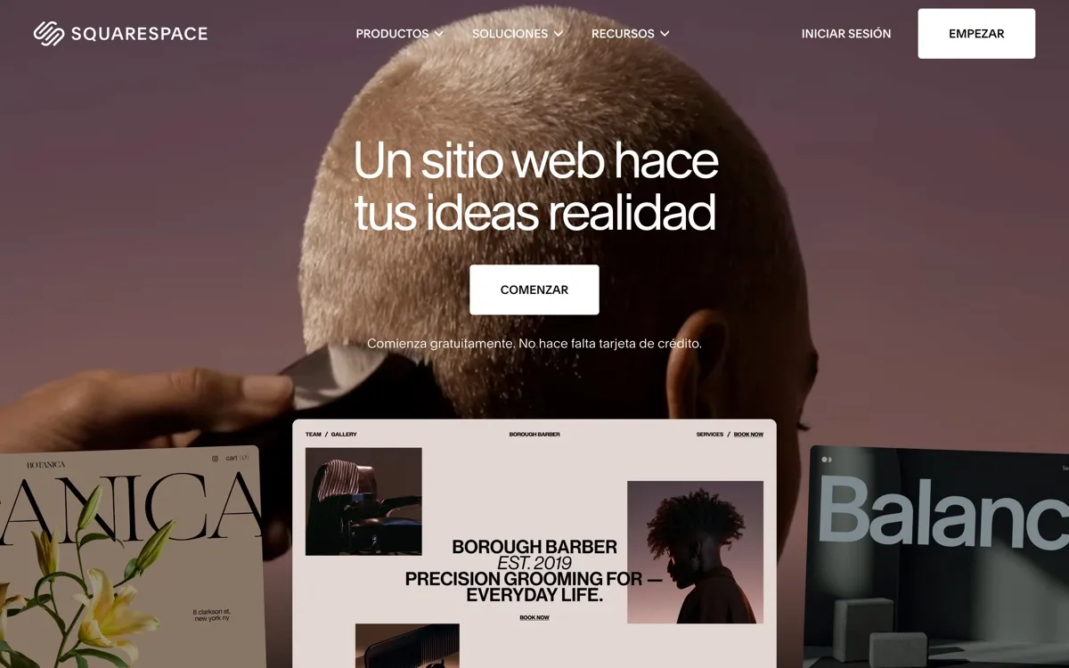 Página principal de Squarespace en español, con el titular «Un sitio web hace tus ideas realidad» sobre ejemplos de plantillas