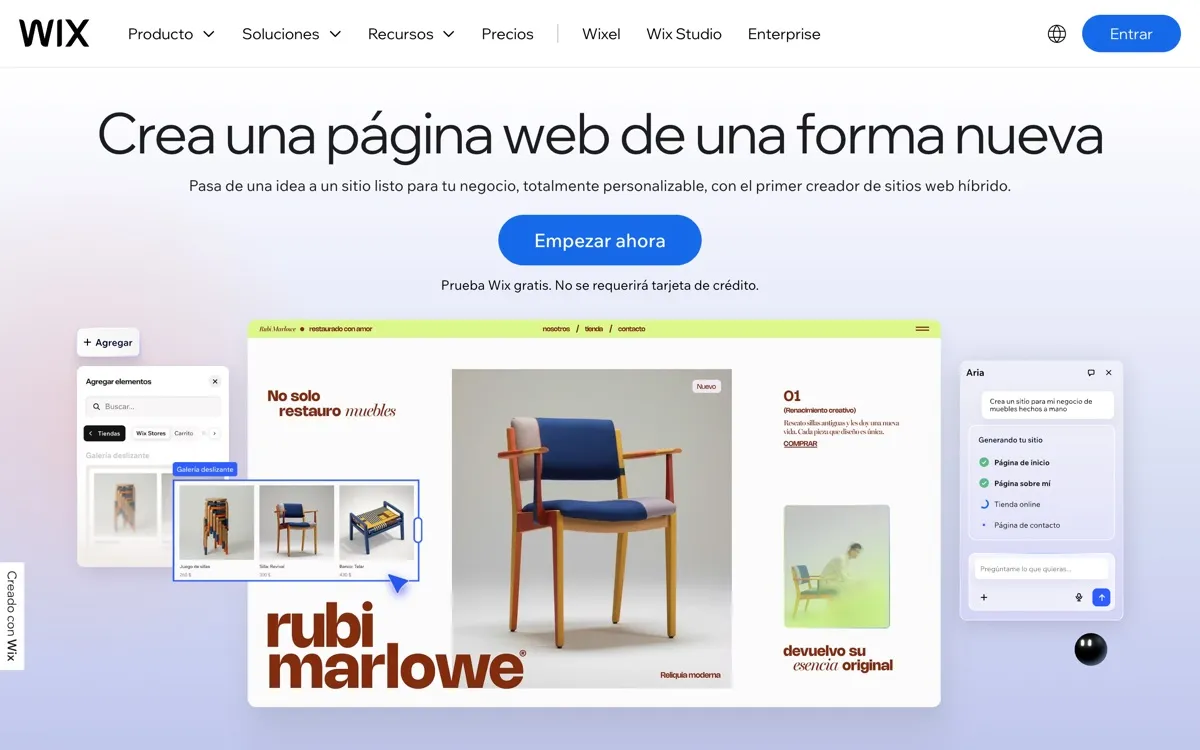 Página principal de Wix en español, con el titular «Crea una página web de una forma nueva» y una vista del editor con su asistente de IA