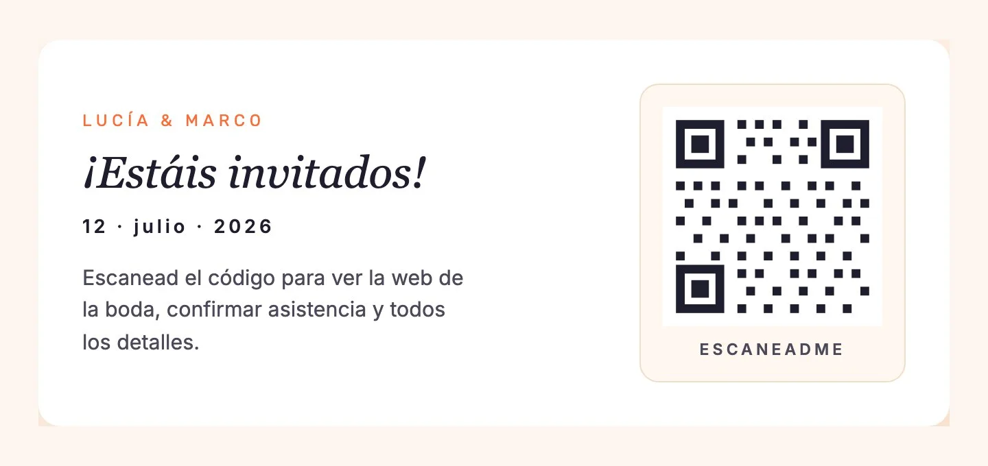 Invitación de boda en papel con un código QR que lleva a la web de boda para ver los detalles y confirmar asistencia