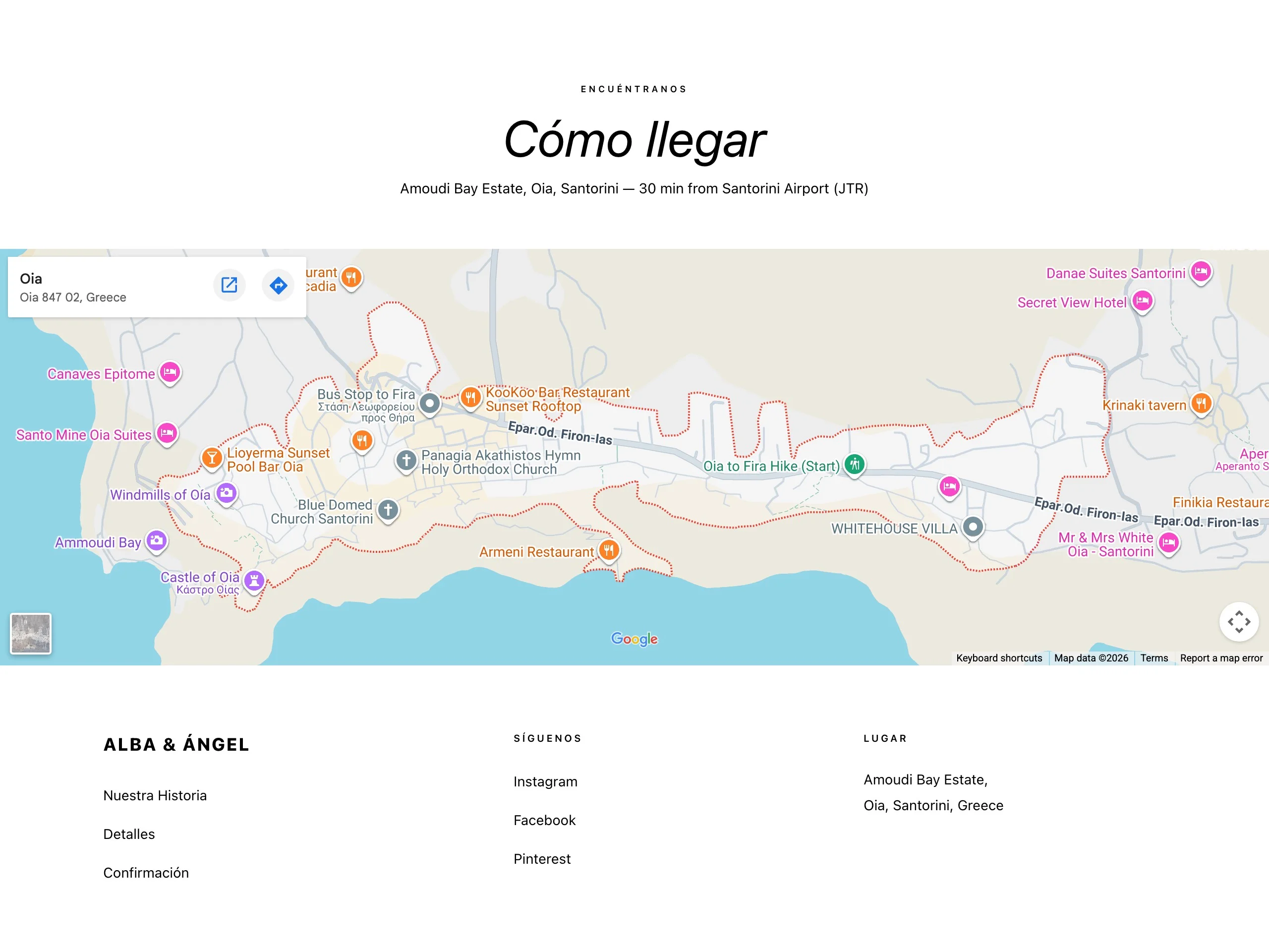 Sección Cómo llegar de una web de boda con un mapa de Google del lugar de la ceremonia y el tiempo desde el aeropuerto
