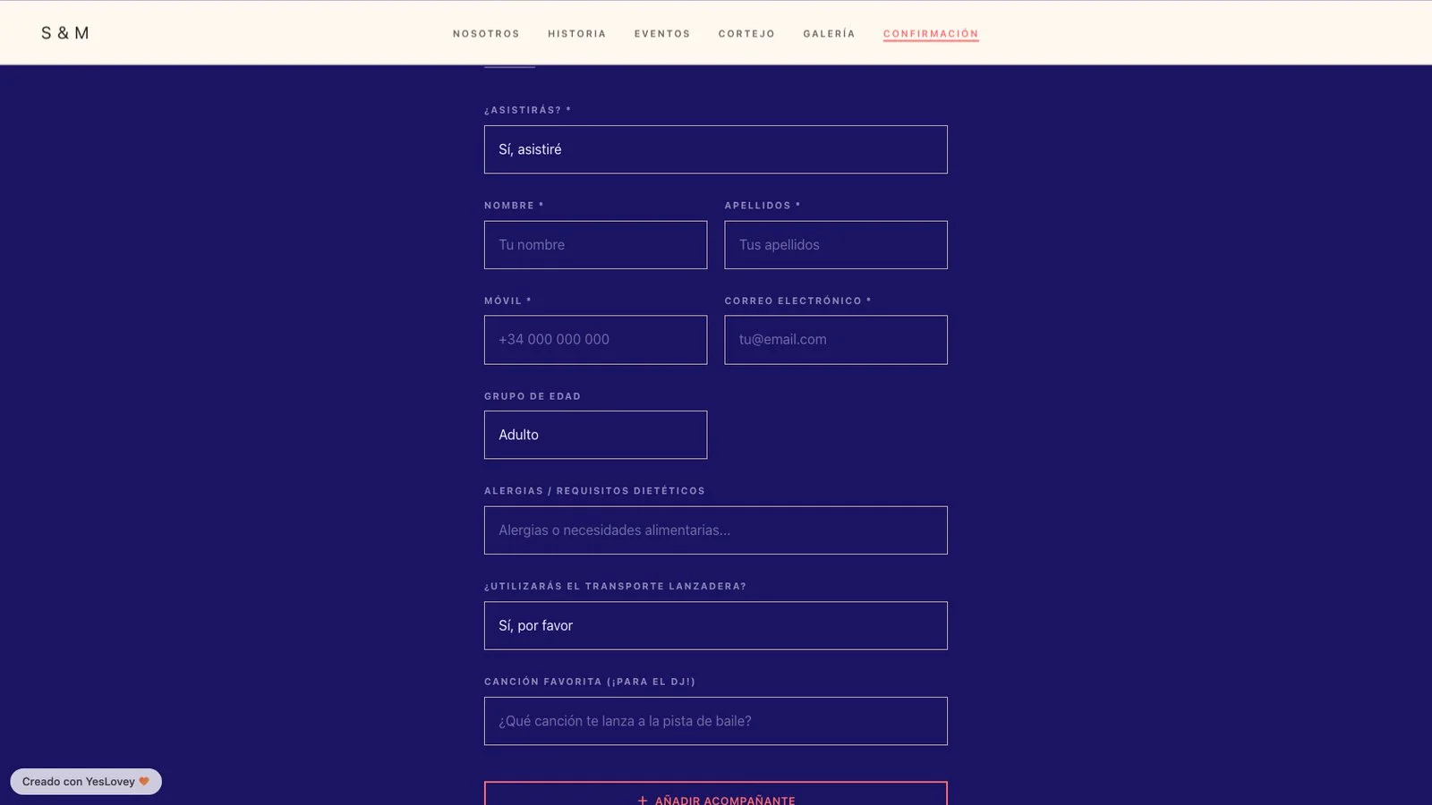 Formulario de confirmación de asistencia de una web de boda con «Sí, asistiré» seleccionado y los campos de nombre, móvil, alergias, transporte y añadir acompañante desplegados