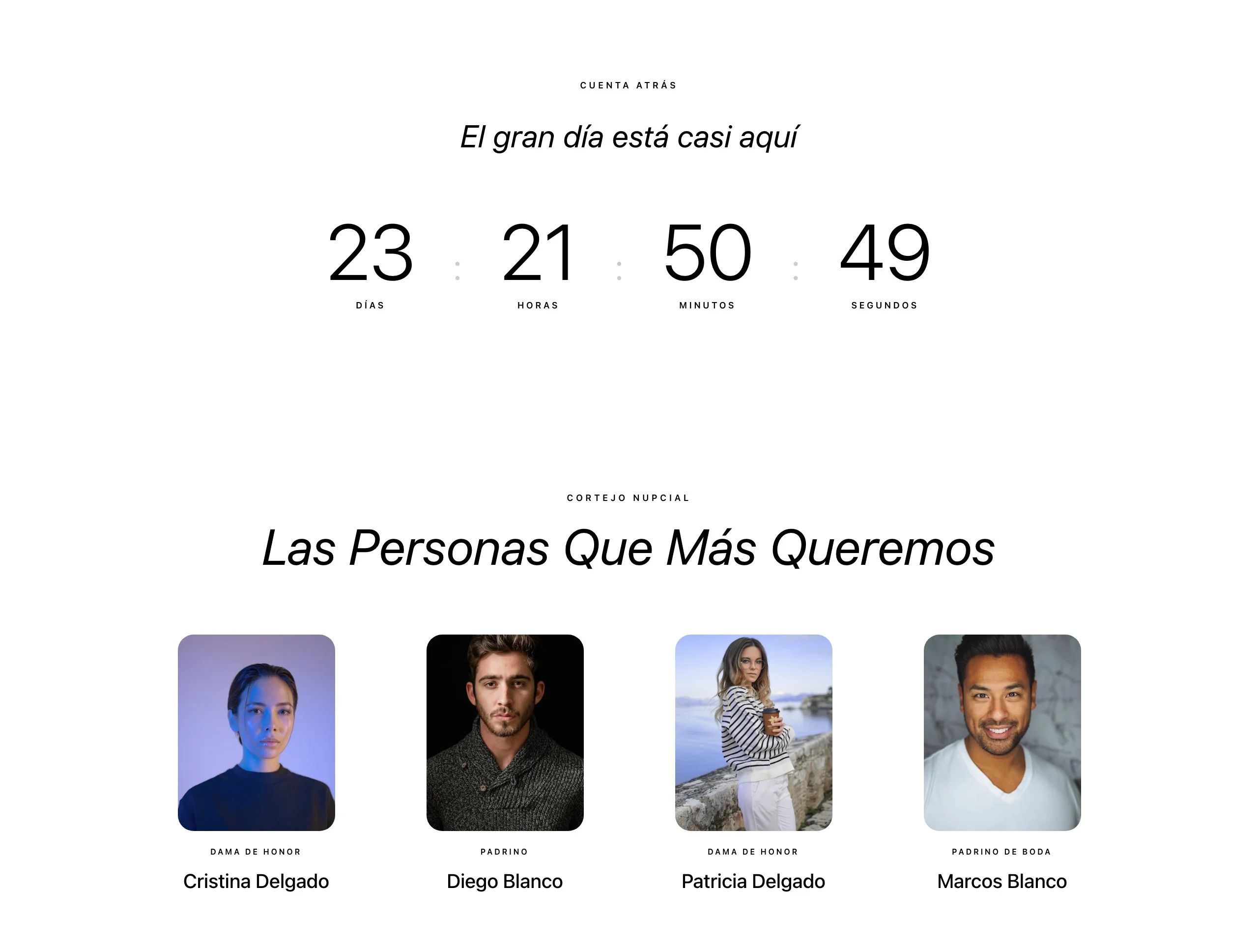 Cuenta atrás de una web de boda con días, horas, minutos y segundos, y debajo la sección del cortejo nupcial con fotos