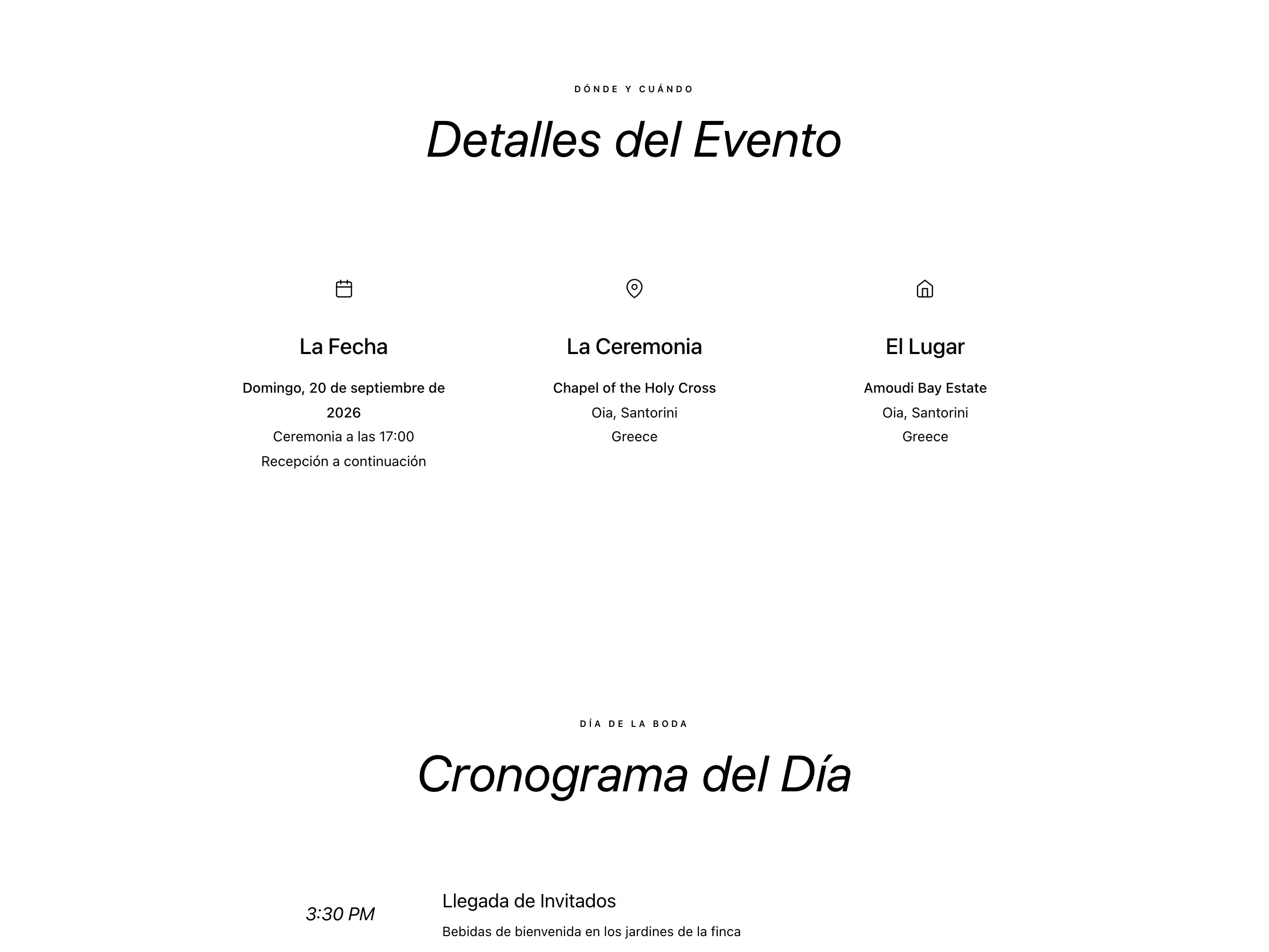 Ejemplo de sección de datos básicos en una web de boda con tres tarjetas: La Fecha, La Ceremonia y El Lugar, cada una con su dirección