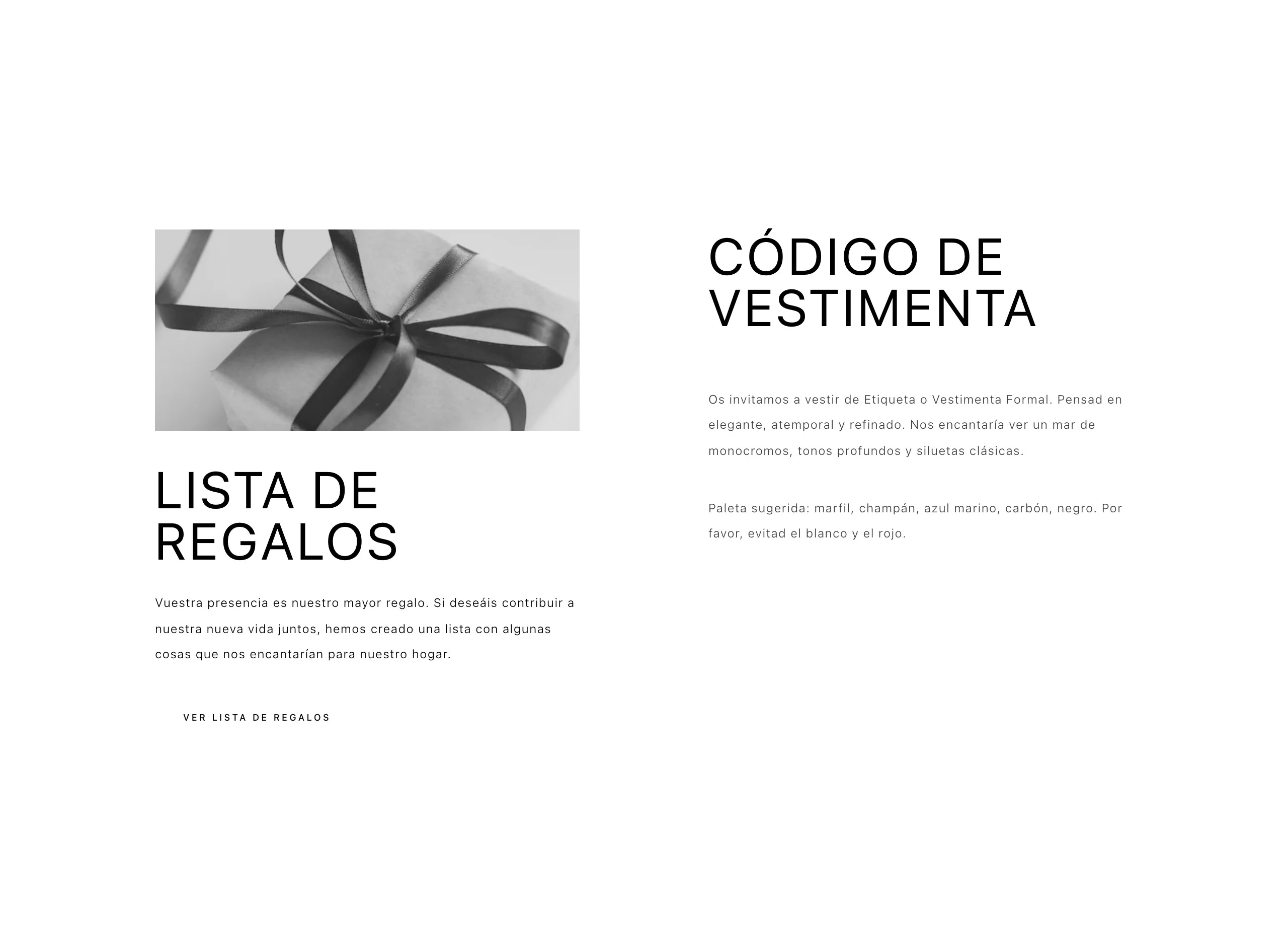 Sección de código de vestimenta en una web de boda junto a la lista de regalos, con la paleta de colores sugerida