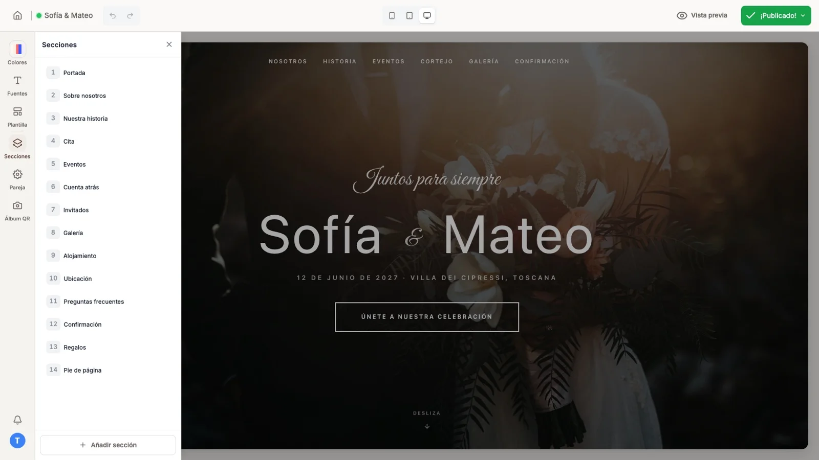 Editor visual de una web de boda gratis con el panel de secciones abierto a la izquierda y la portada de la boda a la derecha