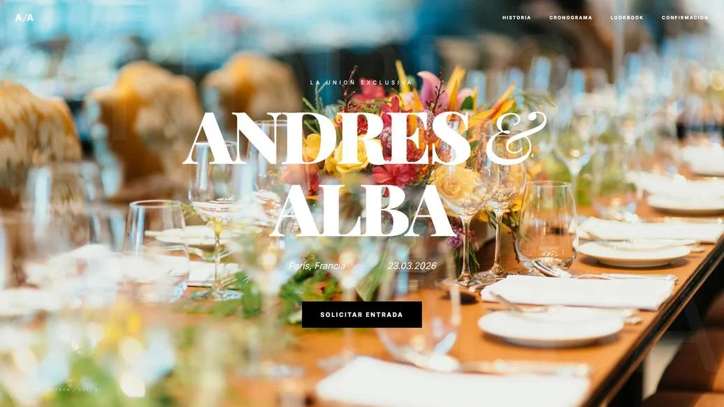 Ejemplo de web de boda con una foto de mesa puesta con flores y el nombre de la pareja en tipografía grande, Andres y Alba