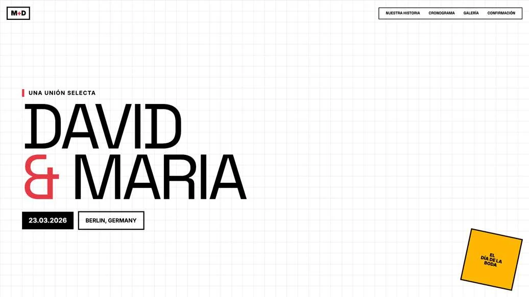 Ejemplo de web de boda moderna con tipografía grande en negro sobre cuadrícula blanca, la portada de David y Maria