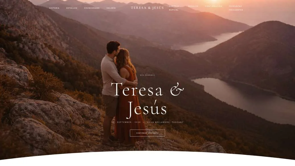 Ejemplo de web de boda con una foto de pareja al atardecer sobre montañas y un lago, Teresa y Jesús
