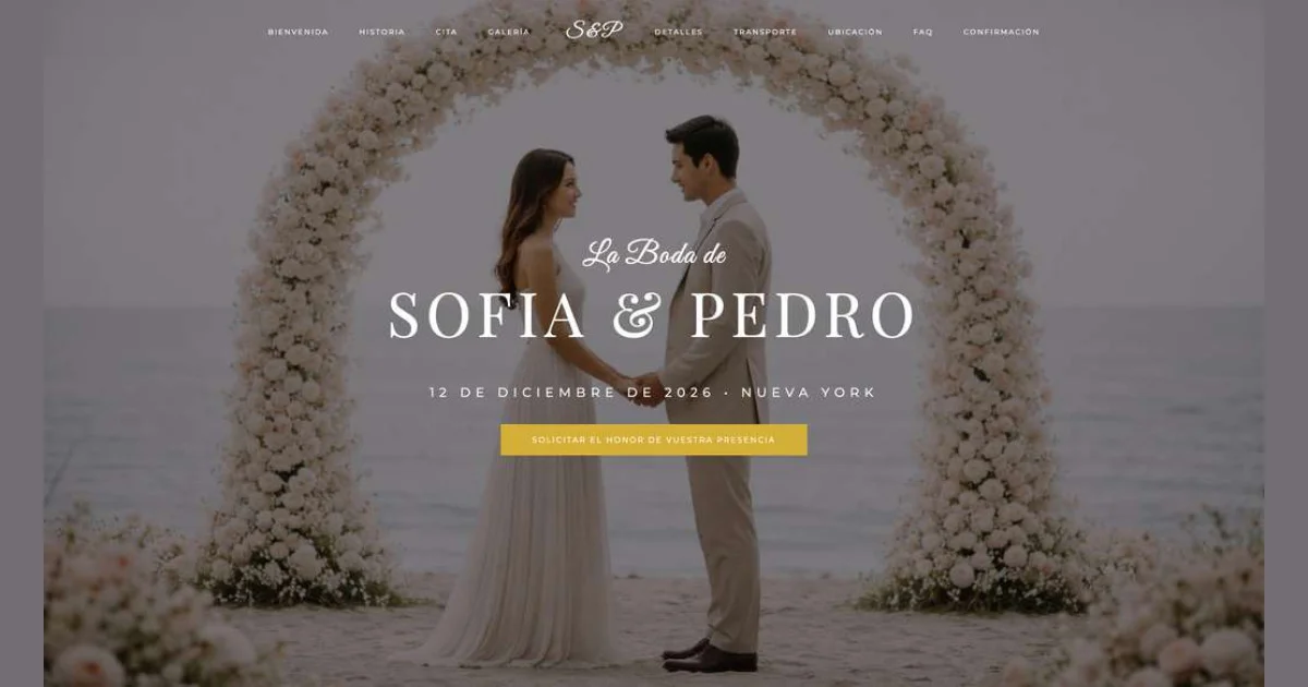Ejemplo de web de boda con una foto de pareja bajo un arco de flores en la playa y el texto La Boda de Sofia y Pedro