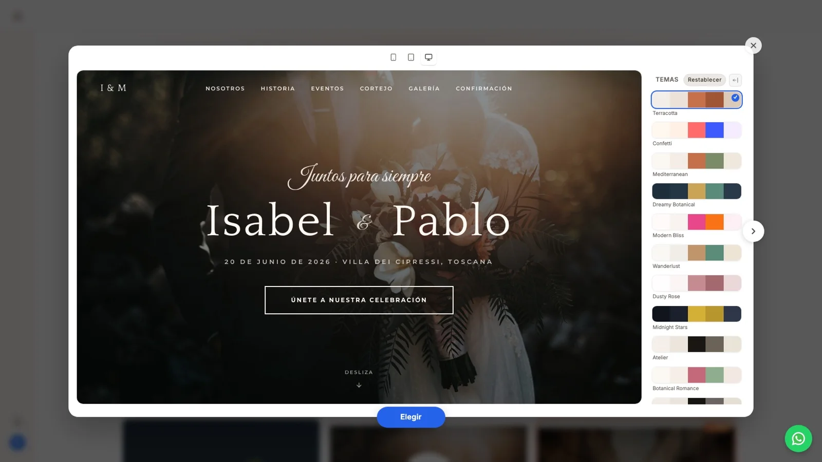 Vista previa de una plantilla de web de boda gratis con el panel de temas de color a la derecha y el botón Elegir