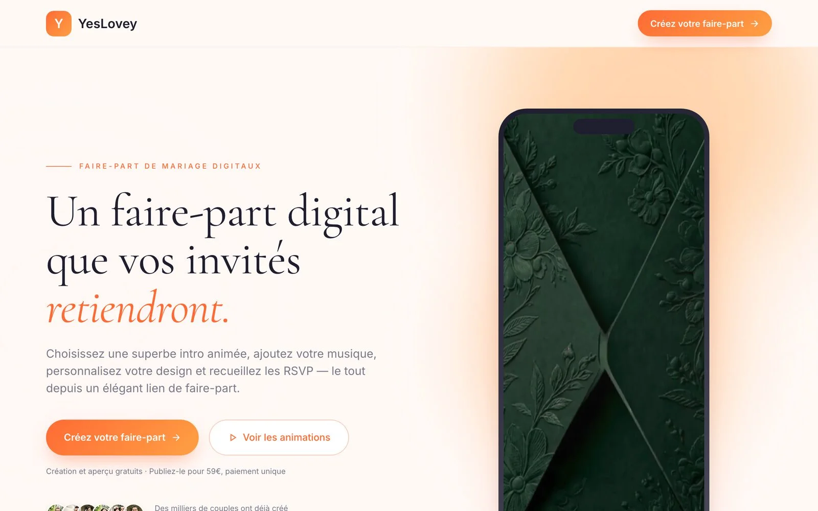 Page YesLovey des faire-part de mariage digitaux, avec un faire-part animé affiché sur un téléphone et le prix : création et aperçu gratuits, publication pour 59 € en paiement unique