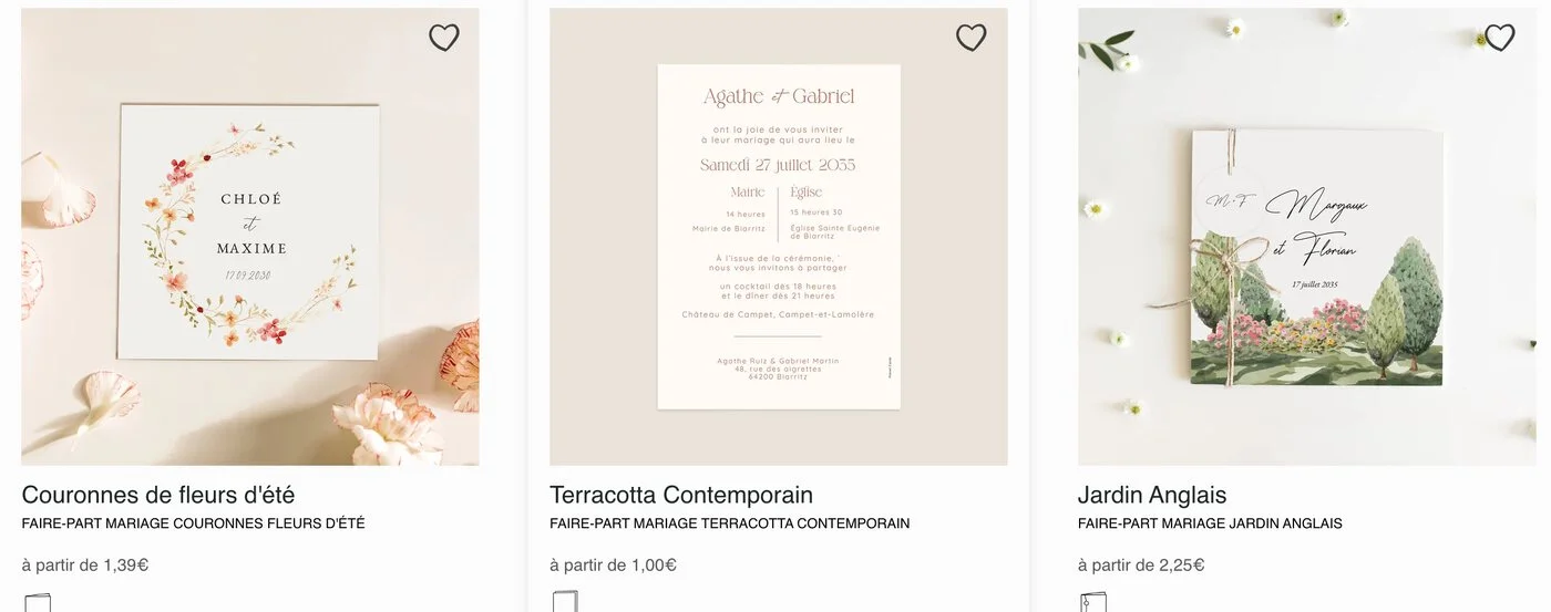 Trois modèles de faire-part de mariage papier de Planet Cards : Couronnes de fleurs d'été à partir de 1,39 €, Terracotta Contemporain à partir de 1,00 € et Jardin Anglais à partir de 2,25 €
