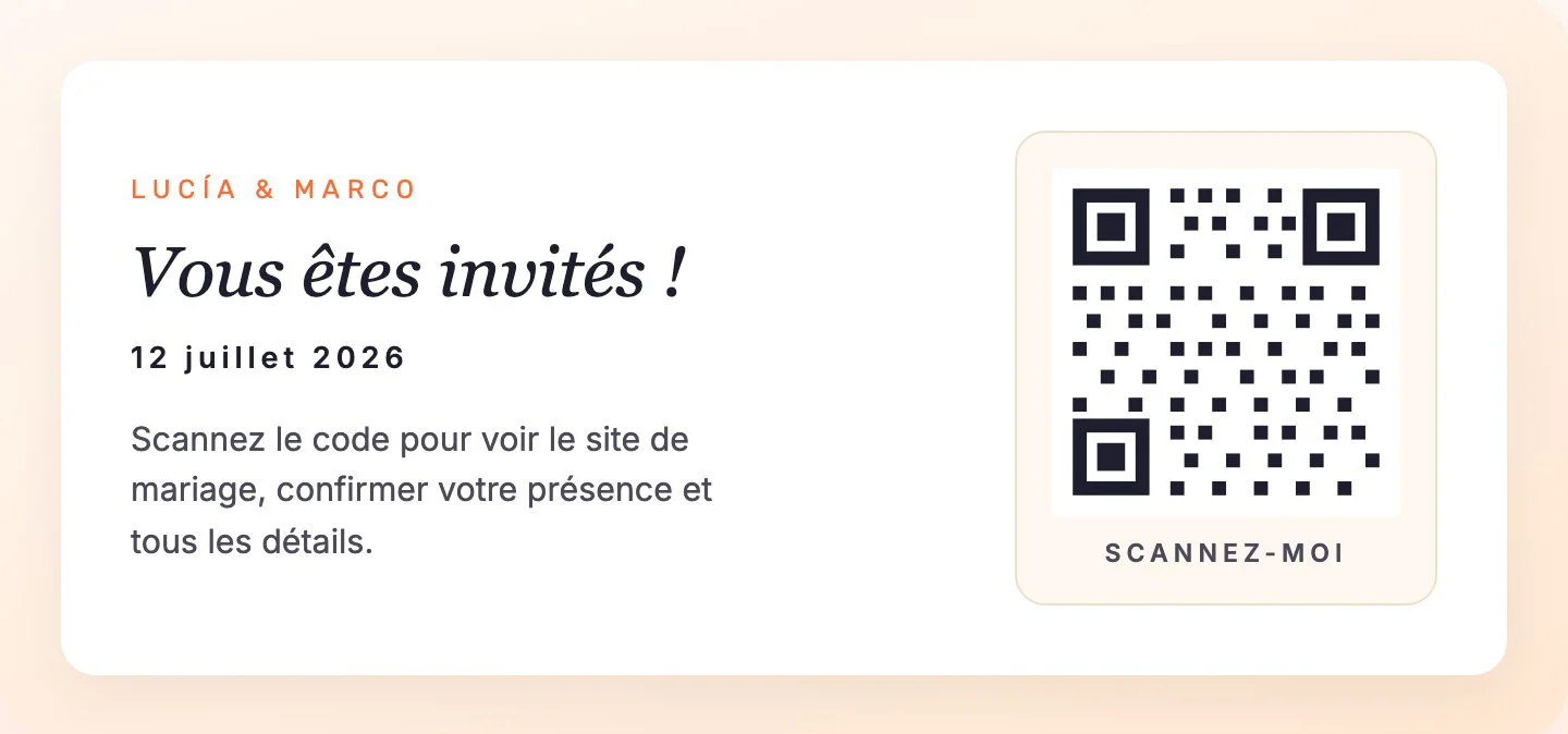 Faire-part de mariage « Vous êtes invités ! » avec un QR code « Scannez-moi » qui ouvre le site de mariage pour répondre et voir les détails