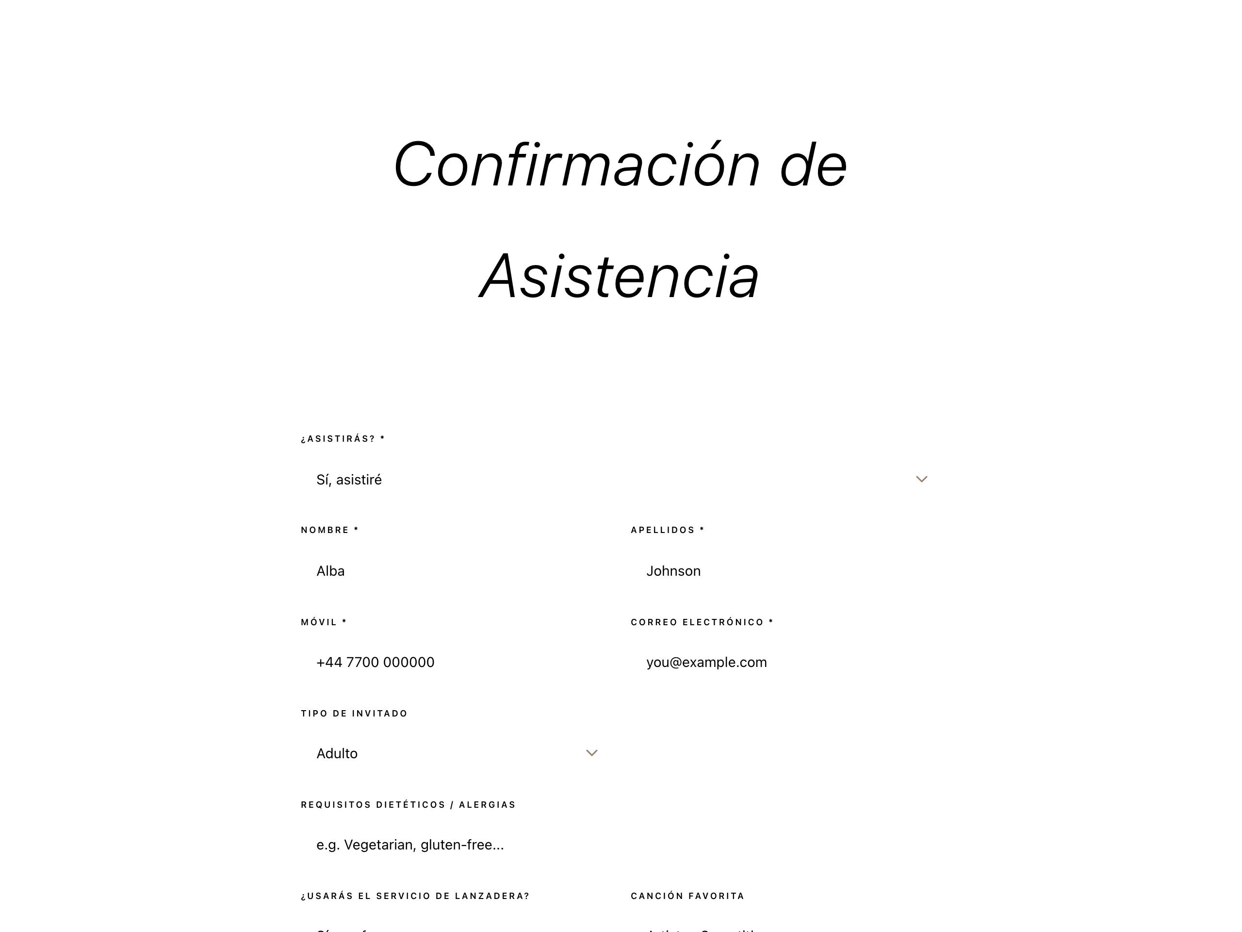 Formulario de confirmación de asistencia de una web de boda con los campos de nombre, móvil, correo, tipo de invitado y alergias