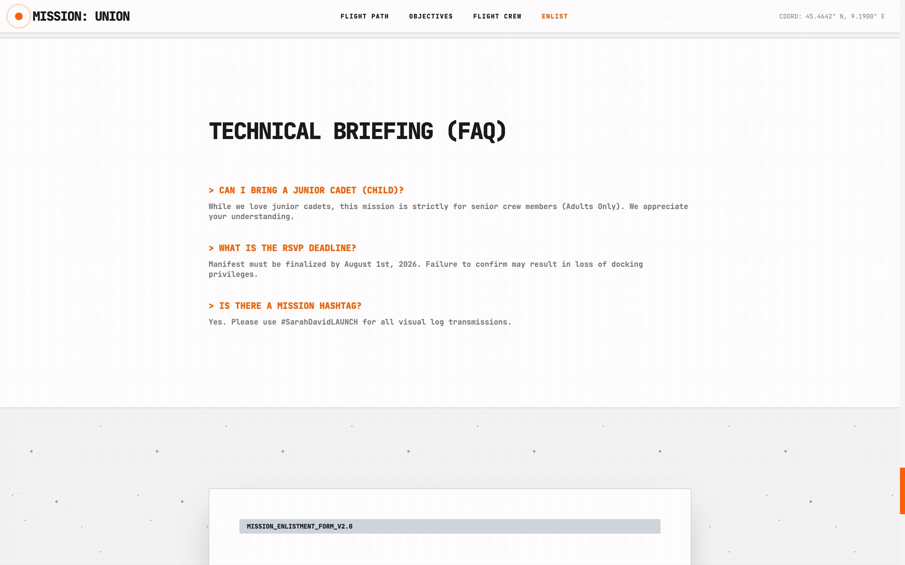 Space-themed wedding website FAQ written as a technical briefing, with jokey answers about children, the RSVP deadline and a wedding hashtag