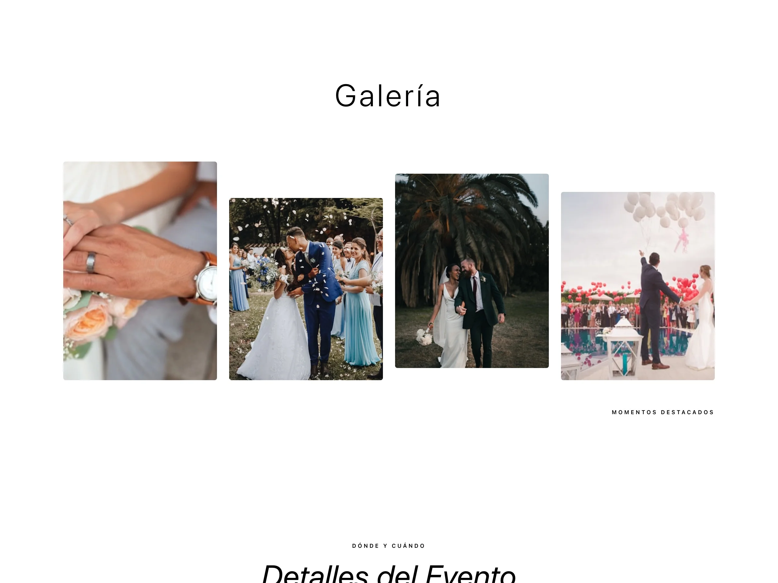 Galería de fotos de una web de boda con cuatro imágenes de pareja y de celebraciones en una cuadrícula