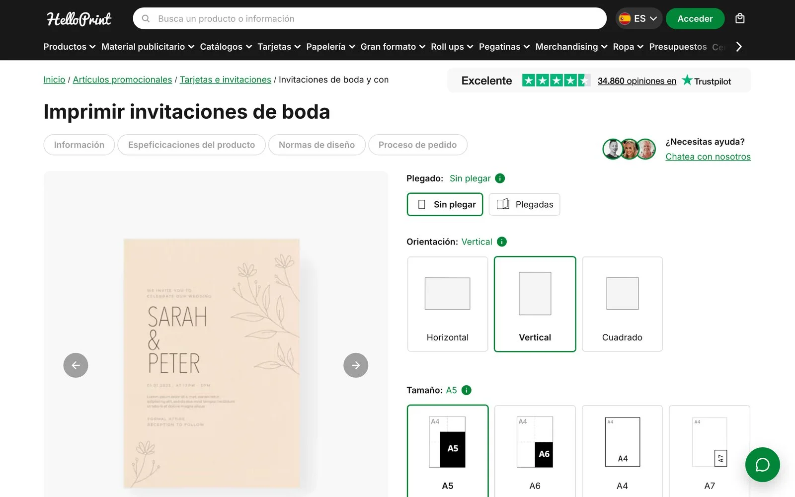 Configurador de Helloprint para imprimir invitaciones de boda online, con opciones de plegado, orientación y tamaño A5, A6, A4 o A7