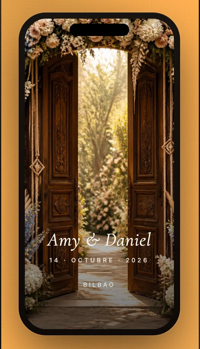 Intro animada de una invitación de boda digital en un móvil: unas puertas de madera con flores se abren y muestran los nombres Amy & Daniel, 14 de octubre de 2026, Bilbao
