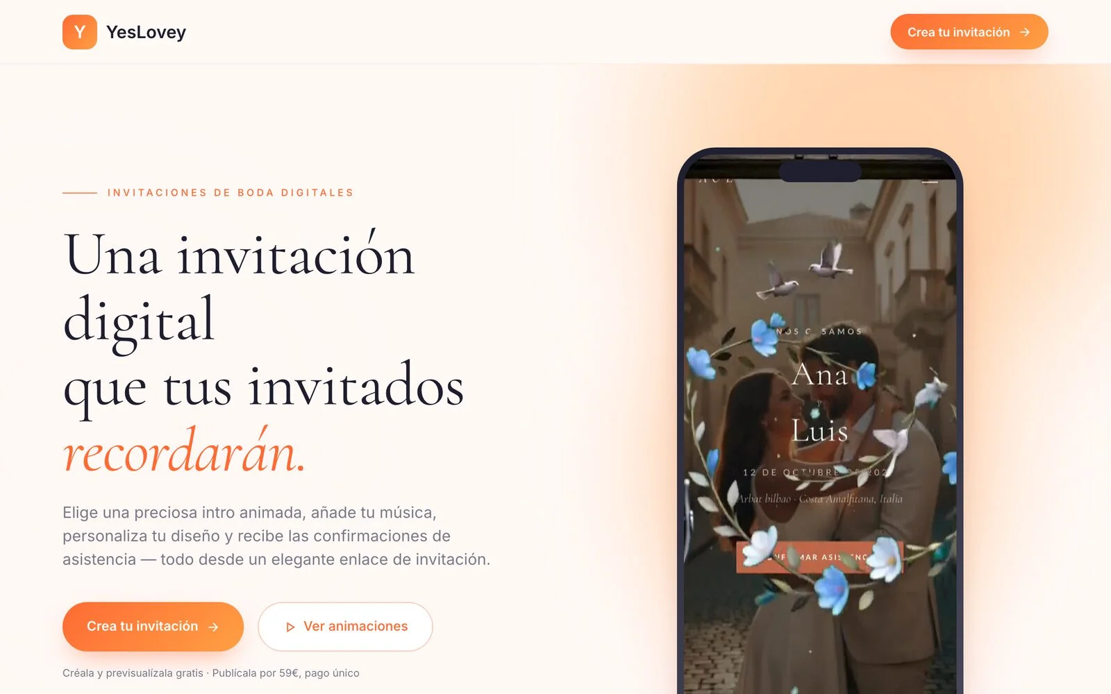 Página de invitaciones de boda digitales de YesLovey, con una invitación animada abierta en un móvil y el precio: créala y previsualízala gratis, publícala por 59 € en pago único