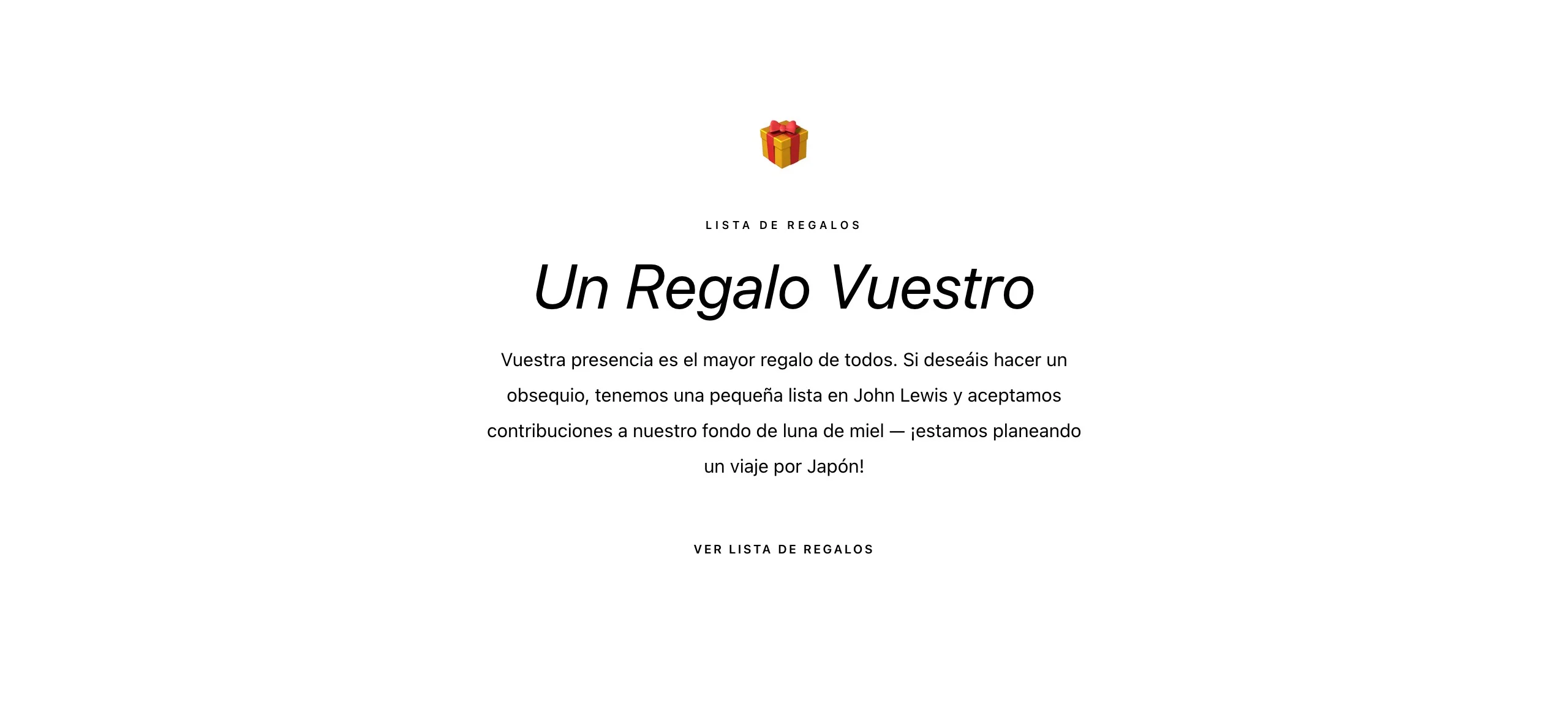 Ejemplo de sección de lista de regalos en una web de boda con un texto de agradecimiento y un botón para ver la lista
