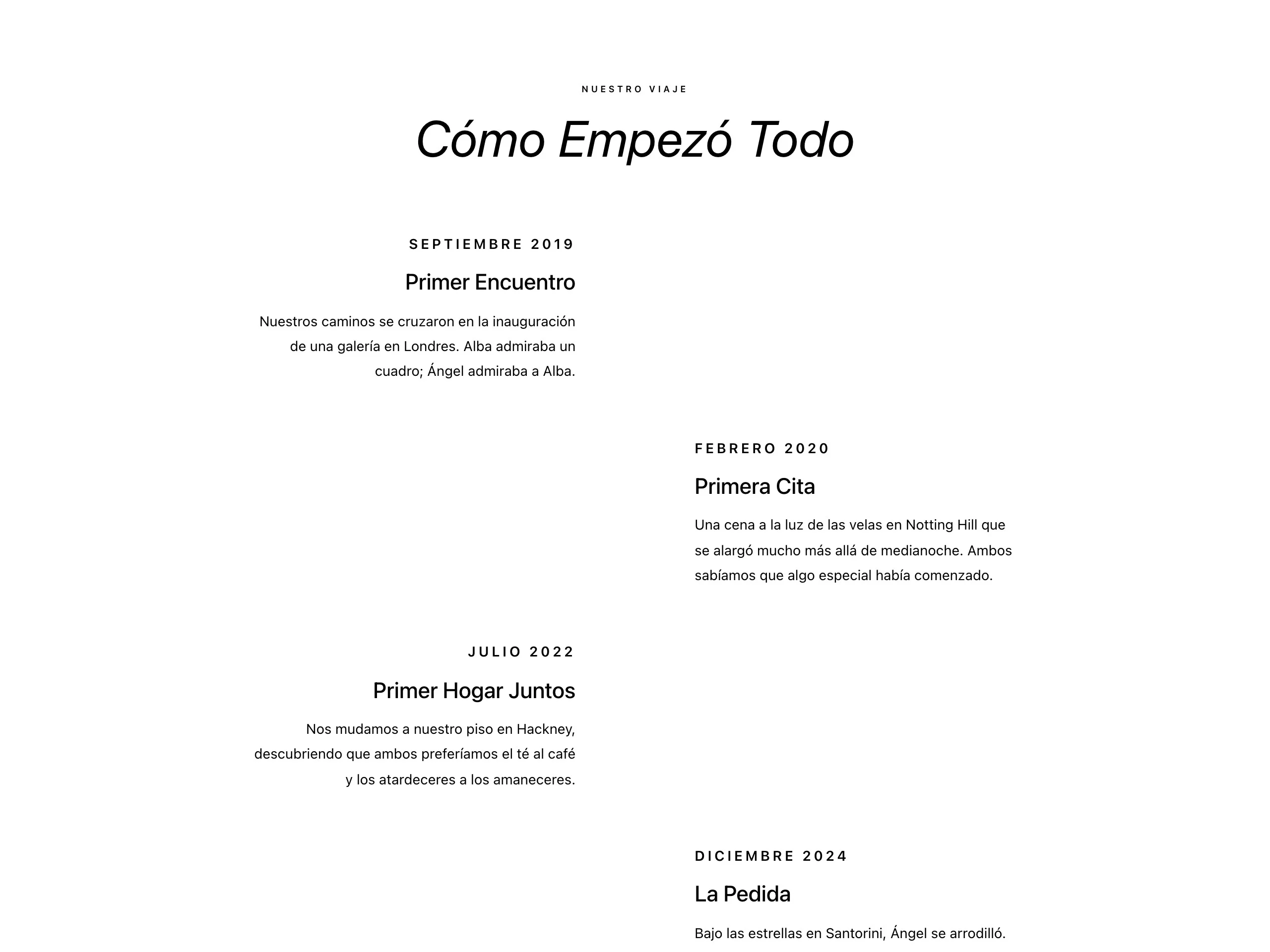 Ejemplo de sección Nuestra Historia en una web de boda: línea de tiempo con el primer encuentro, la primera cita y la pedida