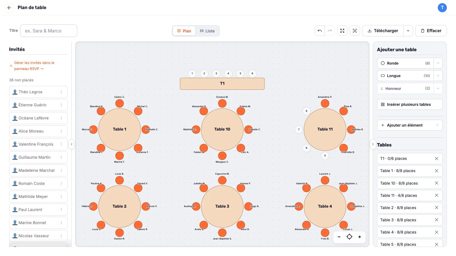 Plan de table de mariage sur YesLovey avec une table d'honneur, des tables rondes où les invités sont placés et 36 invités non placés dans la liste de gauche