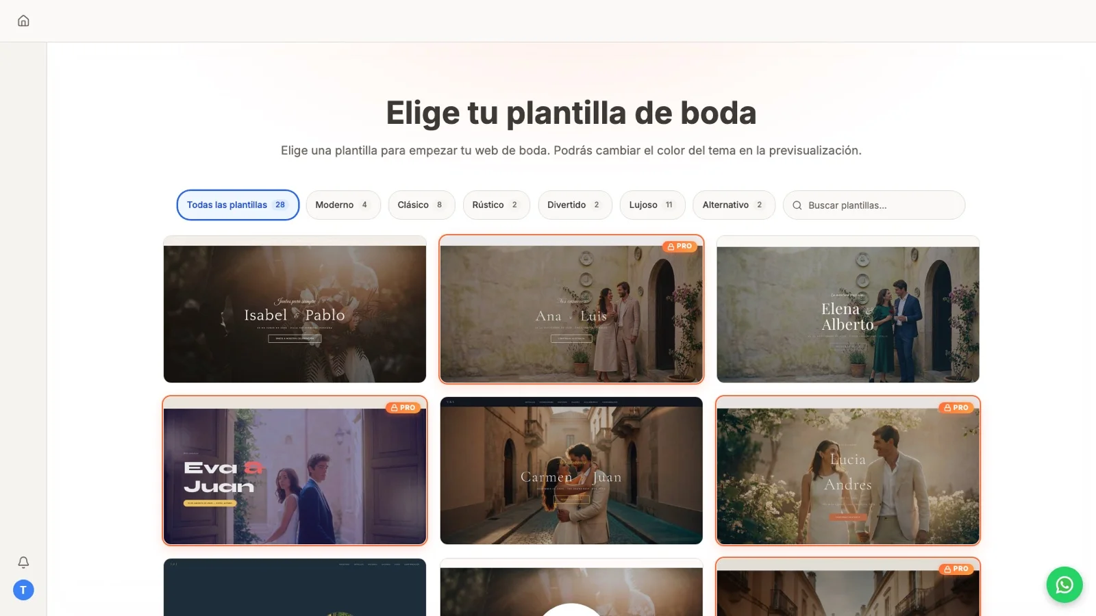 Galería de plantillas de web de boda gratis, con las plantillas Pro señaladas con una insignia naranja