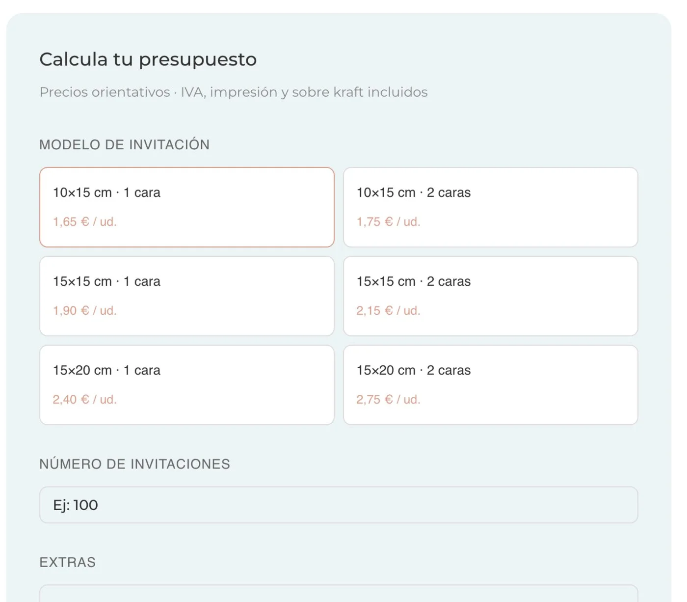 Calculadora de precio de invitaciones de boda en papel de La Tienda de Olivia: de 1,65 € por unidad (10×15 cm, una cara) a 2,75 € (15×20 cm, dos caras), con IVA, impresión y sobre kraft incluidos