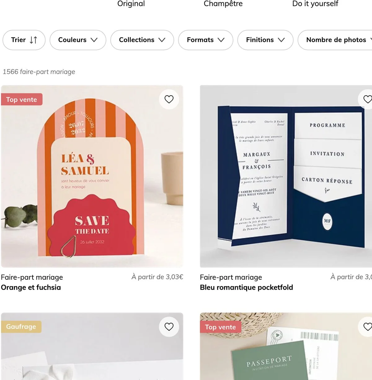 Catalogue de faire-part mariage de Monfairepart : les modèles Orange et fuchsia et Bleu romantique pocketfold (livret), le premier à partir de 3,03 €