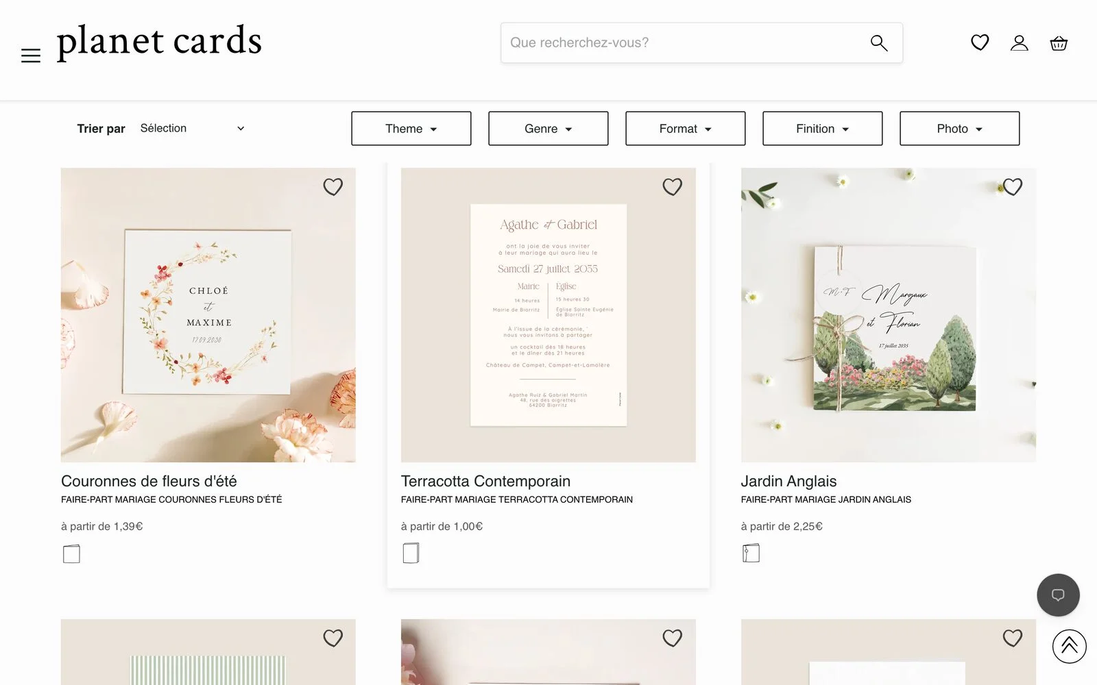 Catalogue de faire-part mariage de Planet Cards avec les prix « à partir de » : Couronnes de fleurs d'été 1,39 €, Terracotta Contemporain 1,00 €, Jardin Anglais 2,25 €