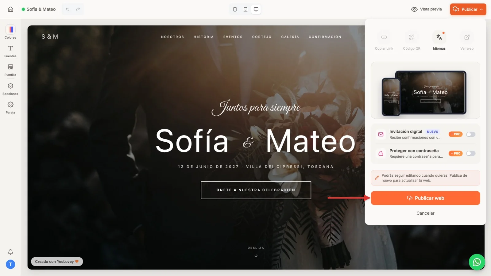 Panel para publicar una web de boda en el editor de YesLovey, con el aviso «Podrás seguir editando cuando quieras. Publica de nuevo para actualizar tu web» y el botón Publicar web
