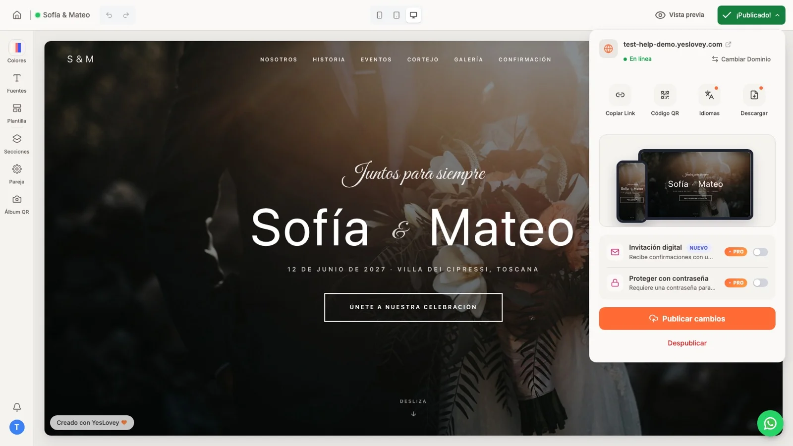 Panel para publicar una web de boda con el subdominio gratuito, los botones de copiar link y código QR y las opciones Pro
