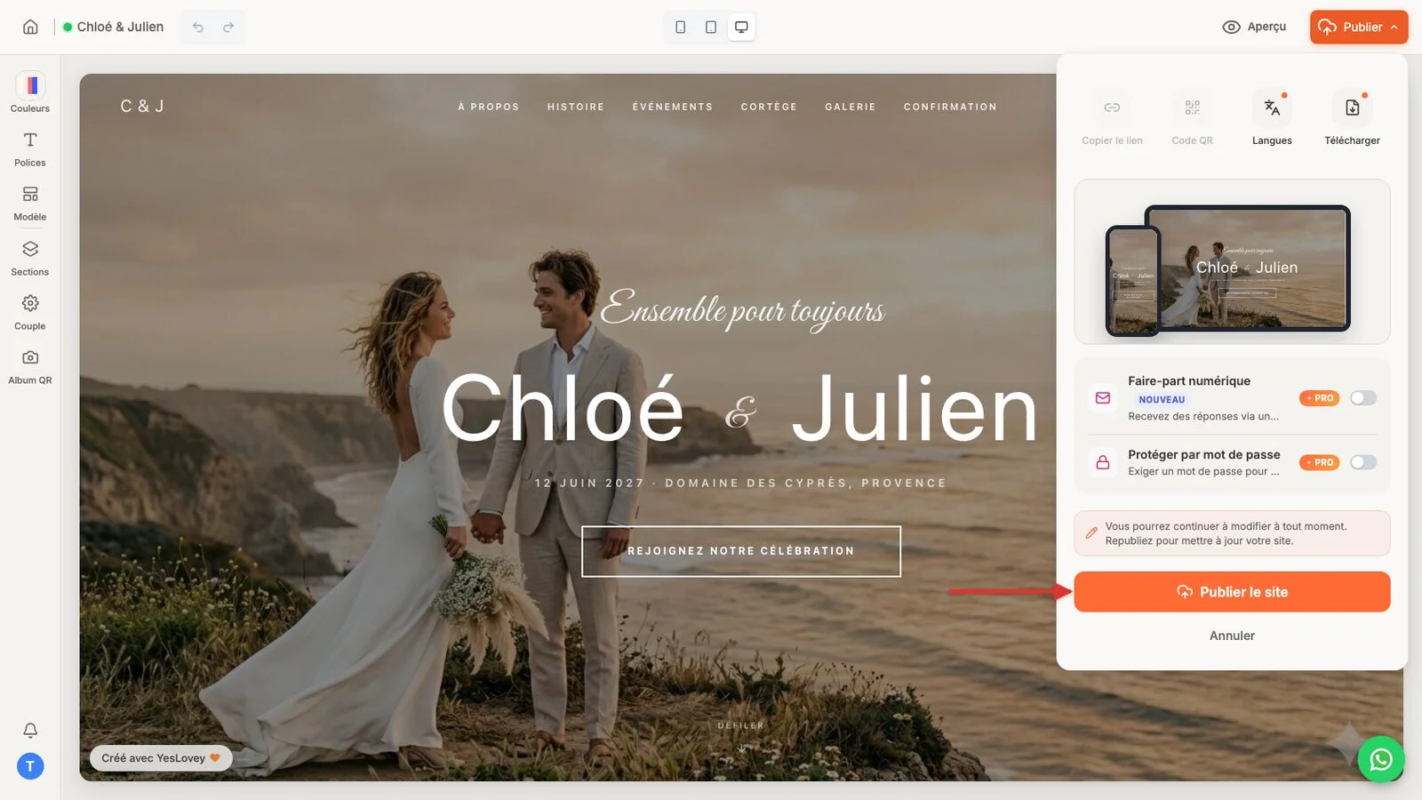 Panneau de publication de l'éditeur de site de mariage YesLovey pour Chloé & Julien, avec une flèche vers le bouton « Publier le site » et l'indication que vous pourrez continuer à modifier le site