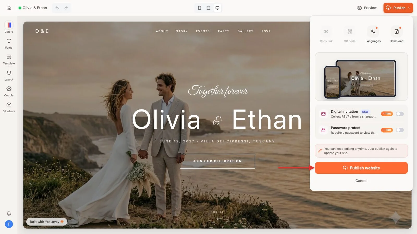 Publish panel in the YesLovey wedding website editor for Olivia & Ethan, with an arrow pointing at the Publish website button and the note that you can keep editing and publish again