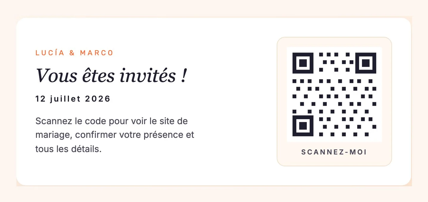 Faire-part de mariage papier avec un QR code vers le site de mariage : carte de Lucía & Marco avec le texte « Vous êtes invités ! », la date du 12 juillet 2026 et un QR code « Scannez-moi » pour voir le site et confirmer sa présence