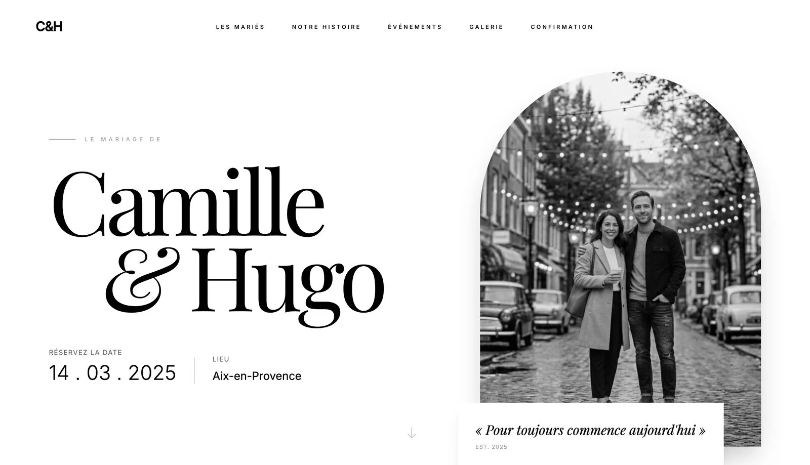 Page d'accueil d'un site de mariage « Le mariage de Camille & Hugo » avec « Réservez la date » et le lieu, Aix-en-Provence : la page qu'ouvre le lien du save the date