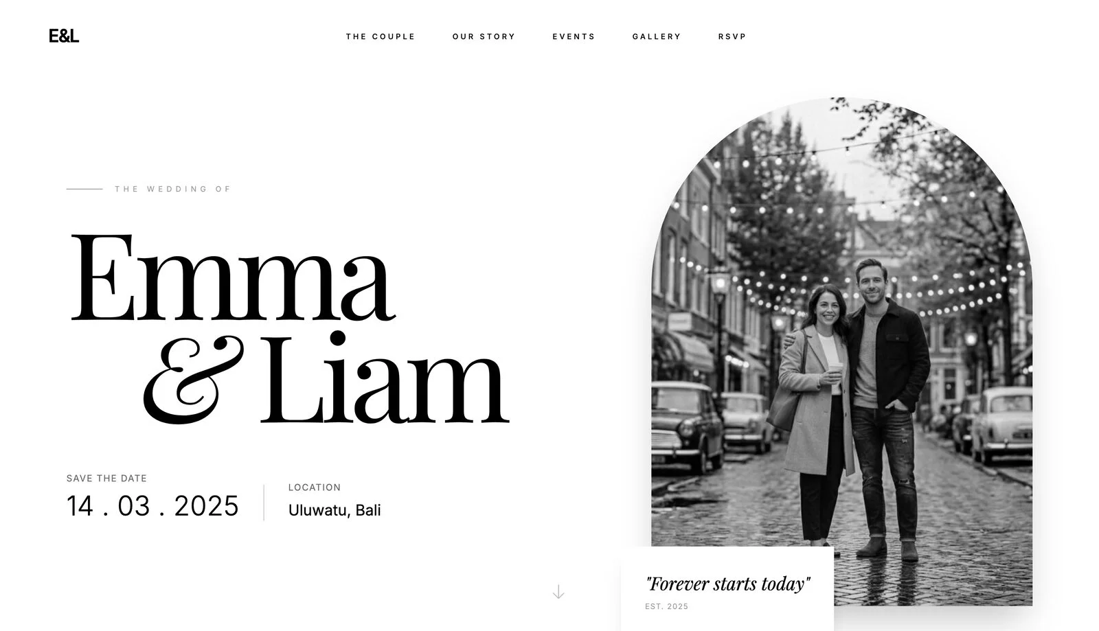 Wedding website hero reading «The Wedding of Emma & Liam» with the save the date and the location, Uluwatu, Bali: the page a save-the-date link opens