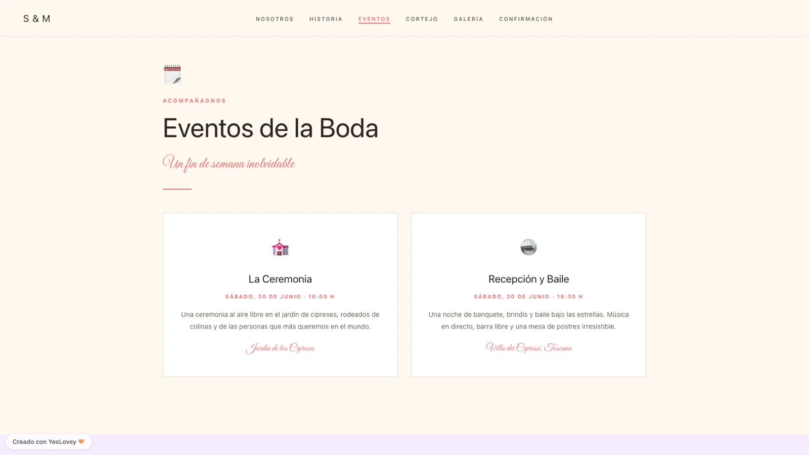 Sección de eventos de una web de boda con dos tarjetas, la ceremonia y la recepción, cada una con hora y lugar