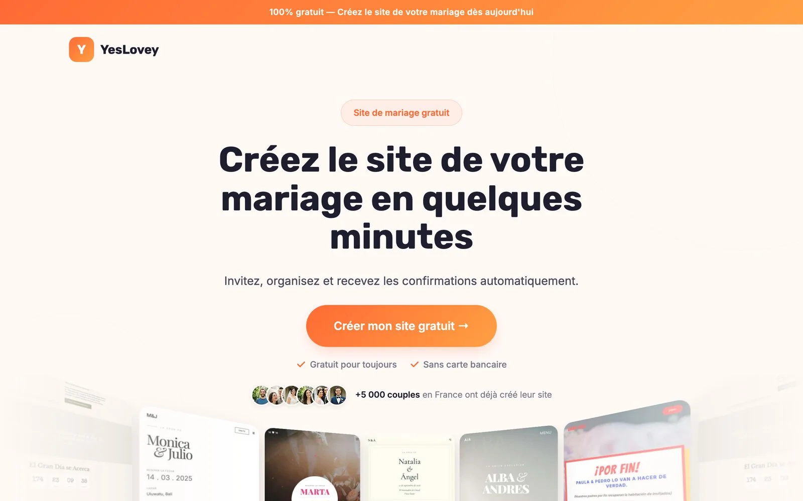 Page YesLovey pour créer un site de mariage gratuit, avec le titre « Créez le site de votre mariage en quelques minutes » et les mentions « Gratuit pour toujours » et « Sans carte bancaire »