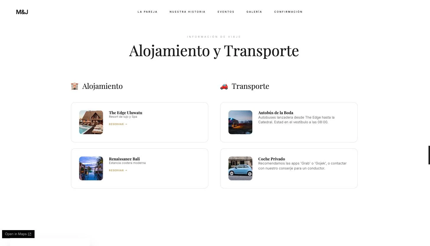 Ejemplo de textos de alojamiento y transporte en una web de boda: tarjetas de dos hoteles y dos opciones de transporte, autobús de la boda y coche privado