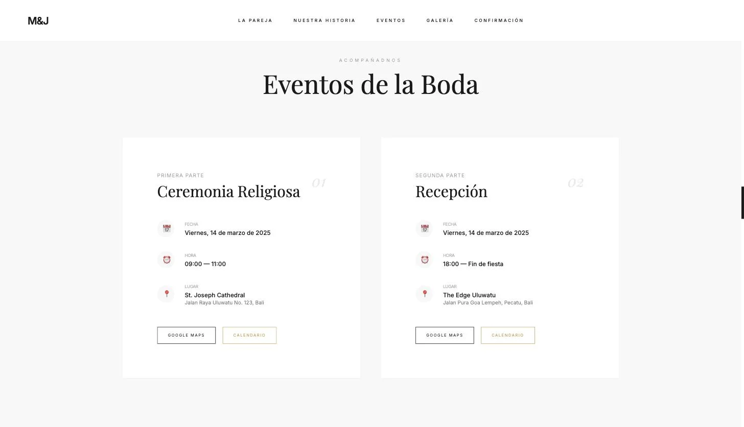 Ejemplo de textos de ceremonia y banquete en una web de boda: dos tarjetas con fecha, hora y lugar, y botones de Google Maps y calendario