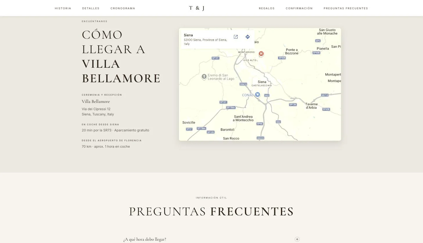 Ejemplo de texto de cómo llegar en una web de boda: mapa y dirección de Villa Bellamore con indicaciones en coche desde Siena y desde el aeropuerto