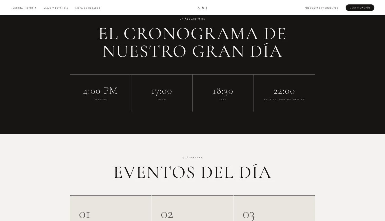 Ejemplo de texto de cronograma del día en una web de boda sobre fondo negro, con ceremonia a las 16:00, cóctel a las 17:00, cena a las 18:30 y baile a las 22:00