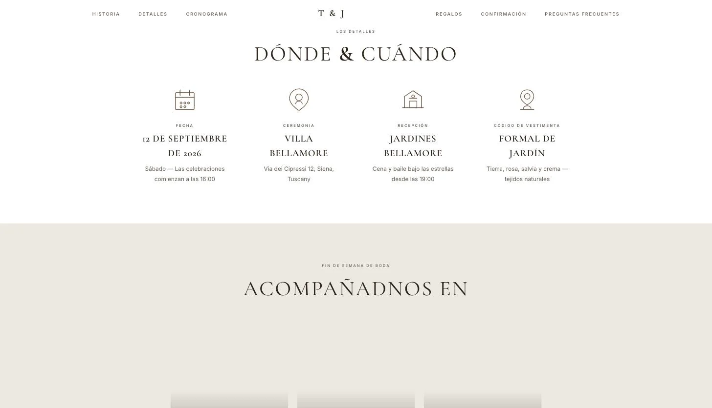 Ejemplo de texto de dress code en una web de boda: cuatro columnas con lugar, fecha y código de vestimenta formal de jardín con paleta tierra, rosa, salvia y crema