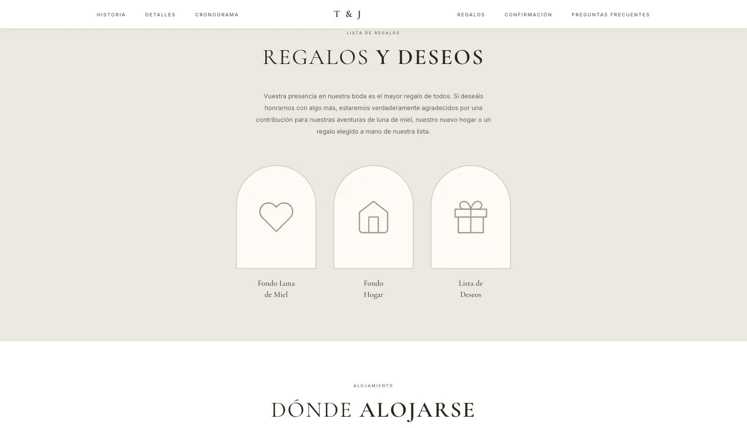 Ejemplo de texto de lista de regalos en una web de boda: sección Regalos y deseos con un párrafo y tres opciones, fondo luna de miel, fondo hogar y lista de deseos